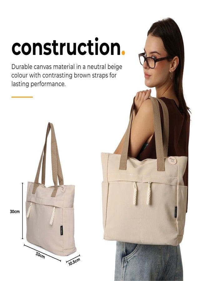 Tressential UrbanHandy Canvas Tote Bag, HandBag for Women, Multi-Pocket Design, Casual Style for Office & College (Ivory) - Image 2